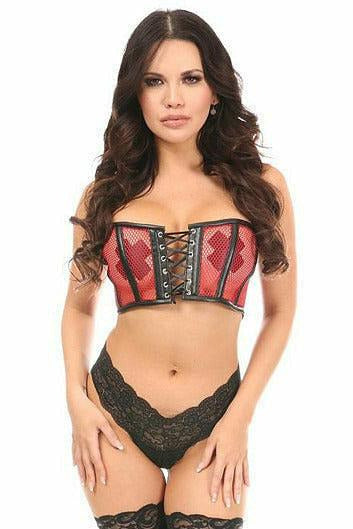 Lavish Red Fishnet & Faux Leather Lace-Up Short Bustier Top-Daisy Corsets