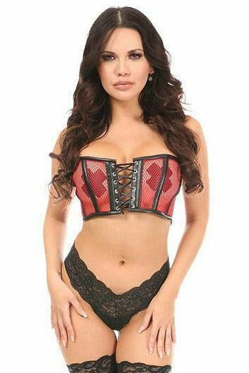 Lavish Red Fishnet & Faux Leather Lace-Up Short Bustier Top.