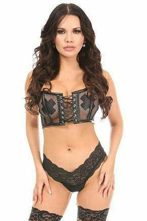Lavish Black Fishnet & Faux Leather Lace-Up Short Bustier Top.