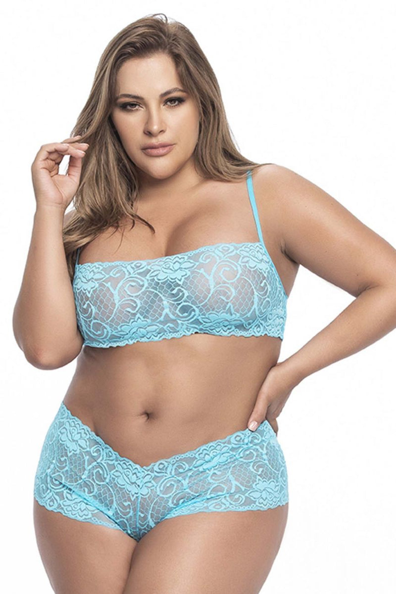 Mapale Curvy Size Panty and Top Lace Set Color Turquoise-Mapale