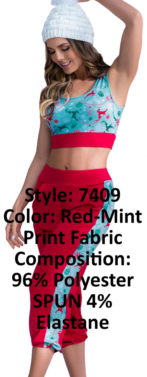 Mapale Two Piece Pajama Set. Top and Pants Color Red-Mint Print-Mapale