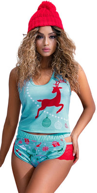 Mapale Two Piece Pajama Set. Top and Shorts Color Red-Mint Print-Mapale