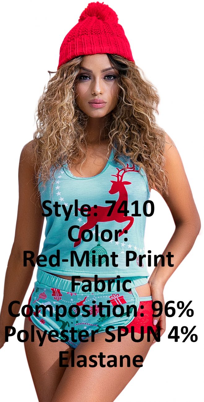 Mapale Two Piece Pajama Set. Top and Shorts Color Red-Mint Print-Mapale