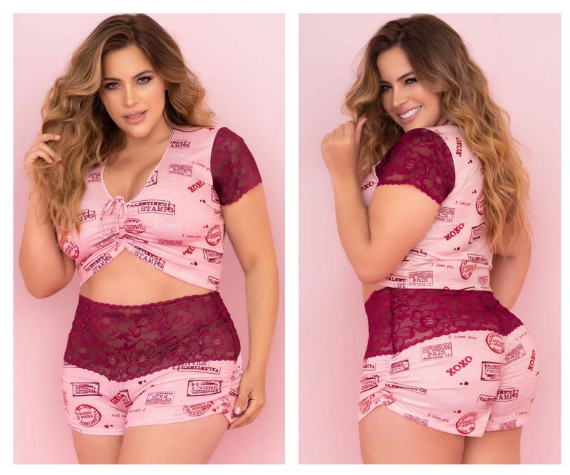 Mapale Curvy Size Two Piece Pajama Set. Top and Shorts Color Rose-Burgundy-Mapale