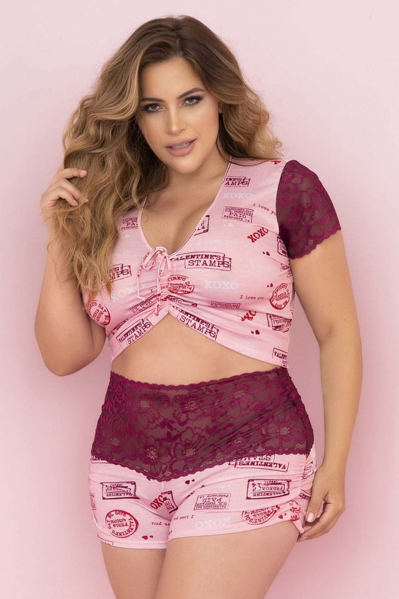 Mapale Curvy Size Two Piece Pajama Set. Top and Shorts Color Rose-Burgundy-Mapale
