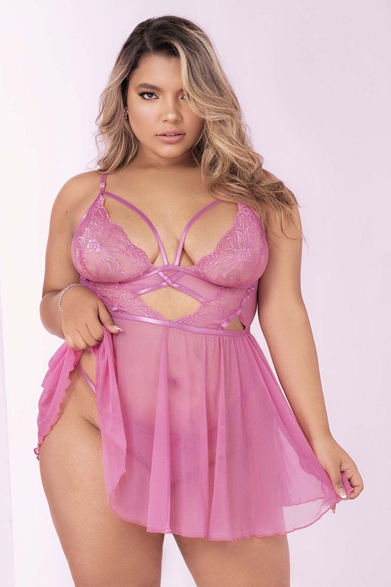 Mapale Curvy Size Babydoll with Matching G-String Color Sunset Pink-Mapale
