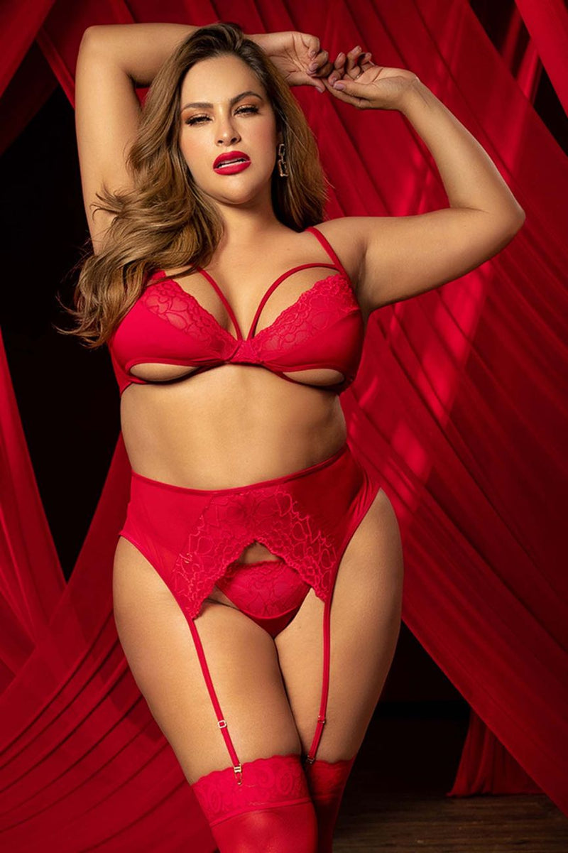 Mapale Curvy Size Three Piece Lingerie Set Color Red-Mapale