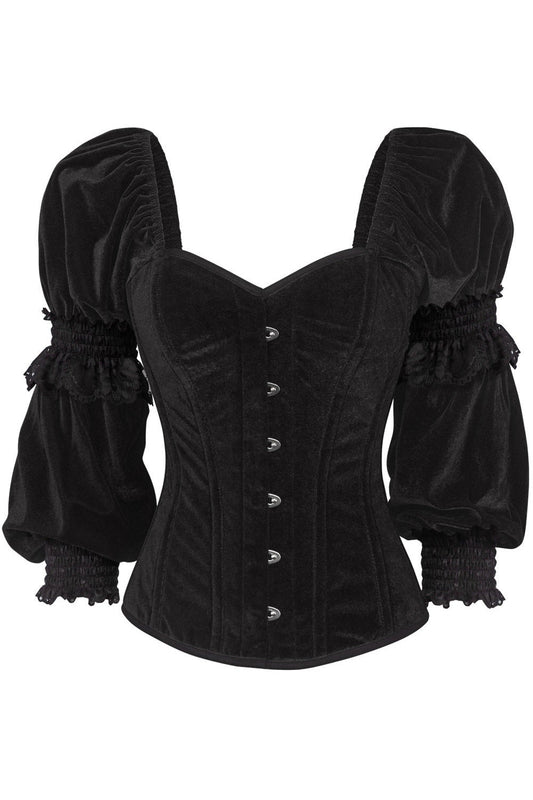 Top Drawer Black Velvet Steel Boned Long Sleeve Corset.