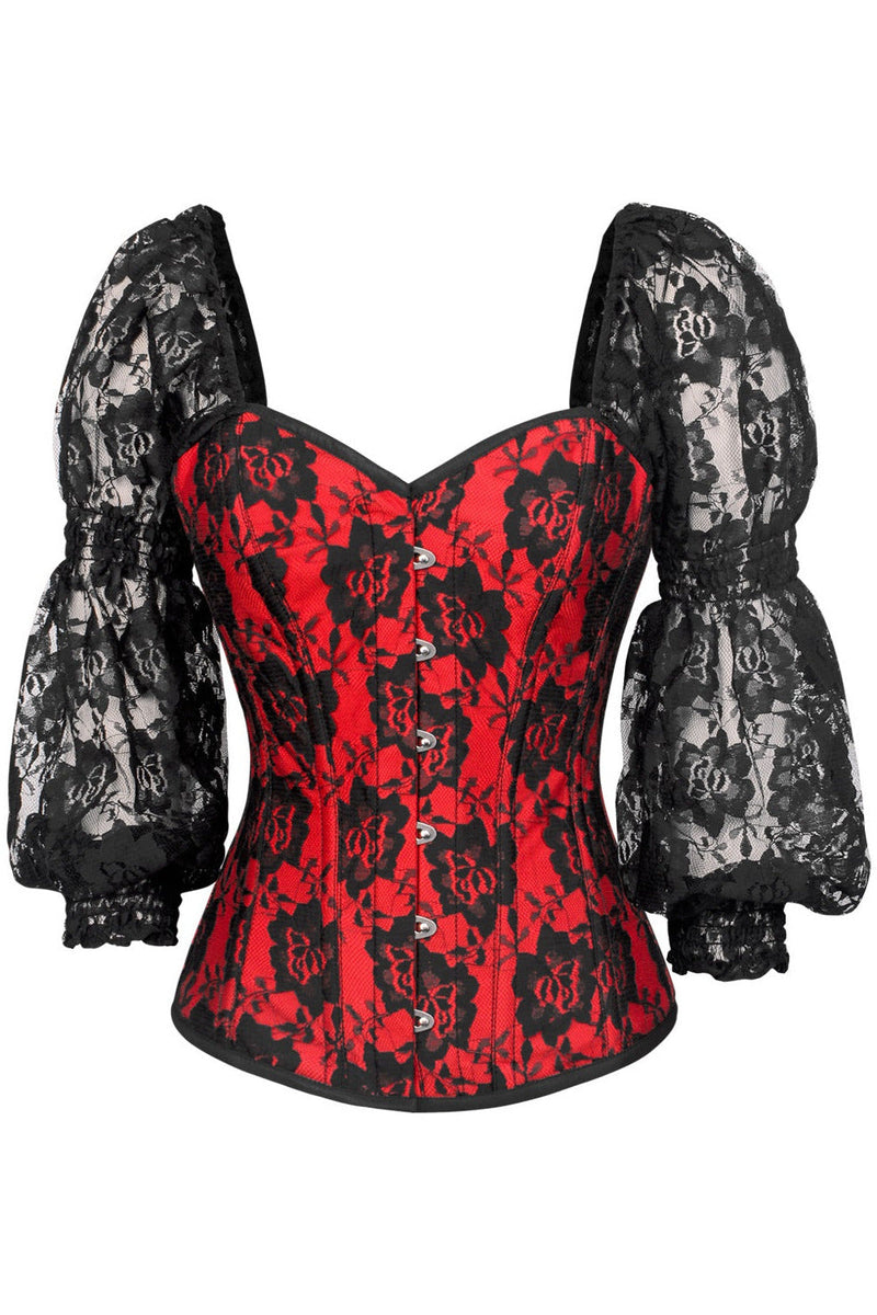 Top Drawer Red w/Black Lace Steel Boned Long Sleeve Corset-Daisy Corsets
