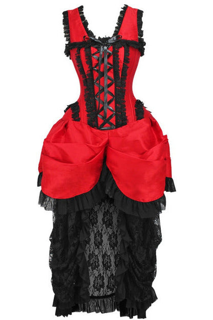 Top Drawer Steel Boned Red/Black Lace Victorian Bustle Corset Dress.