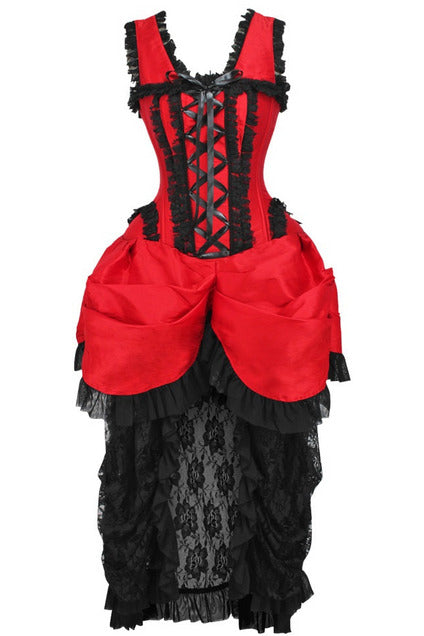 Top Drawer Steel Boned Red/Black Lace Victorian Bustle Corset Dress.