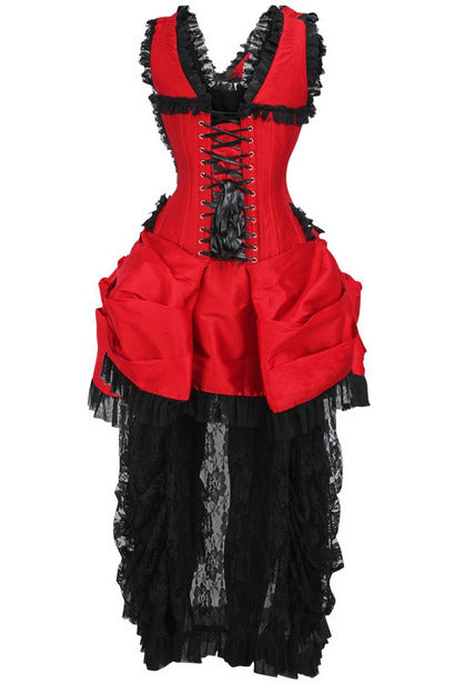 Top Drawer Steel Boned Red/Black Lace Victorian Bustle Corset Dress.