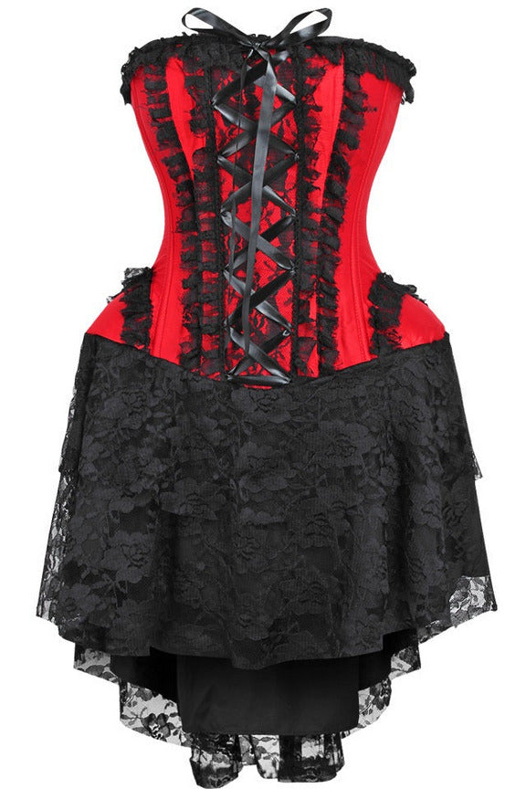 Top Drawer Steel Boned Strapless Red/Black Lace Victorian Corset Dress.
