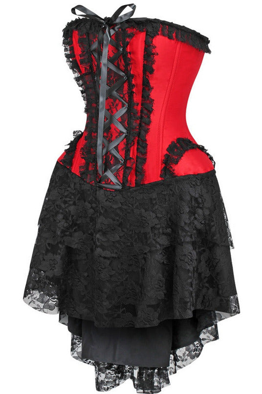 Top Drawer Steel Boned Strapless Red/Black Lace Victorian Corset Dress.