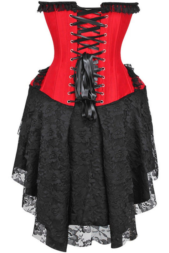 Top Drawer Steel Boned Strapless Red/Black Lace Victorian Corset Dress.