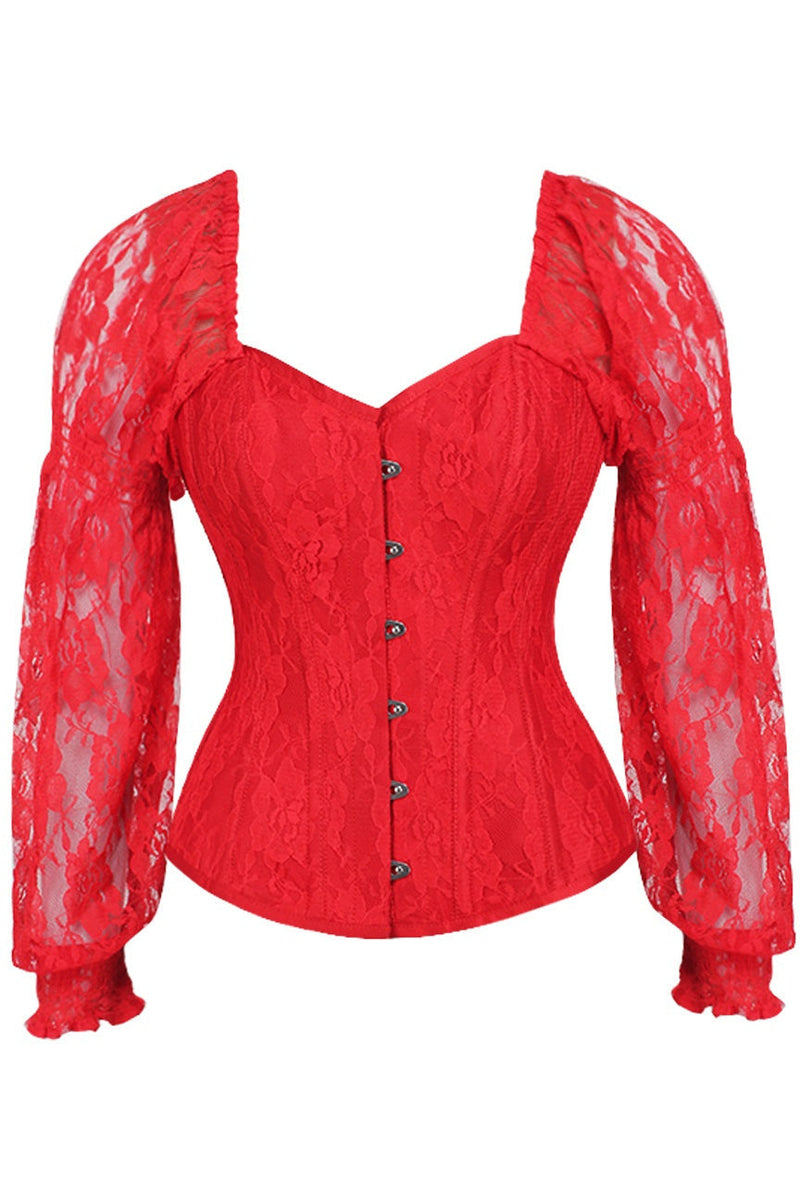 Top Drawer Red w/Red Lace Steel Boned Long Sleeve Corset-Daisy Corsets