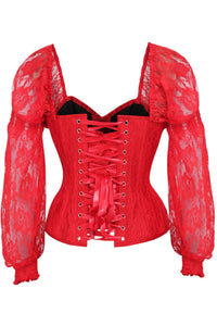 Top Drawer Red w/Red Lace Steel Boned Long Sleeve Corset-Daisy Corsets