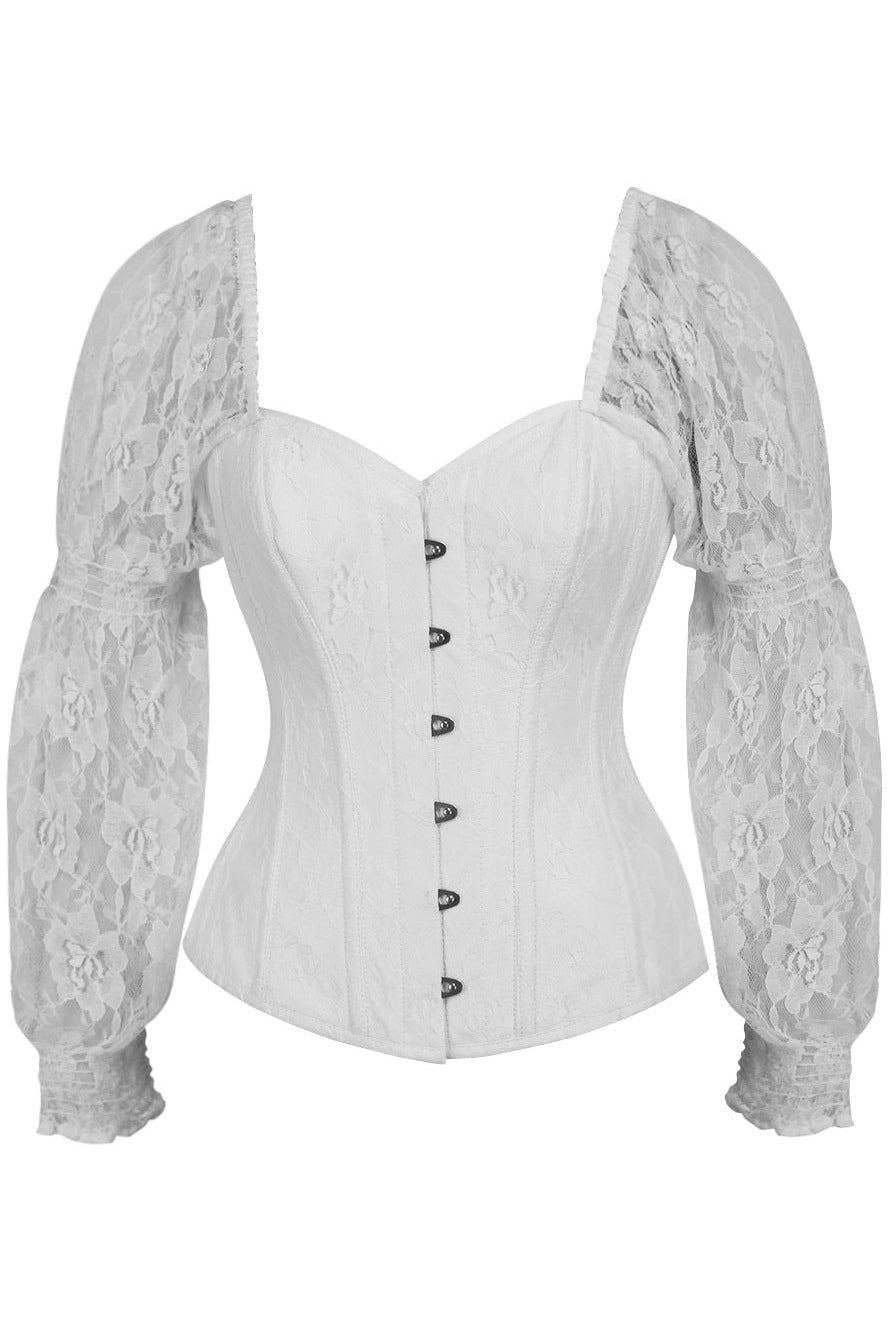 Top Drawer White w/White Lace Steel Boned Long Sleeve Corset-Daisy Corsets