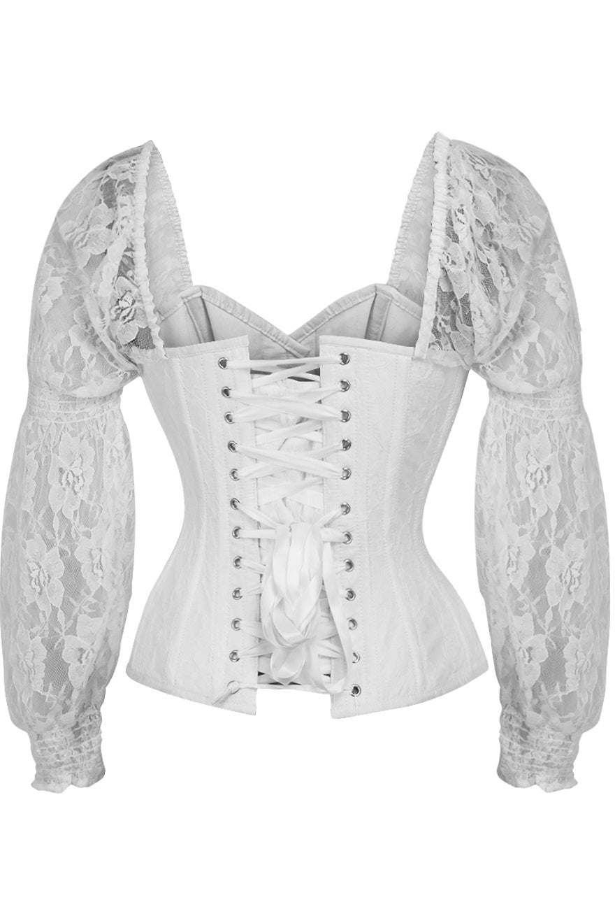 Top Drawer White w/White Lace Steel Boned Long Sleeve Corset-Daisy Corsets