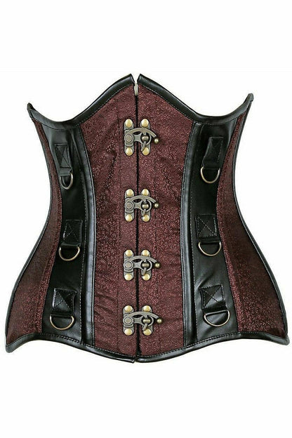 Top Drawer Brown Brocade & Faux Leather Steel Boned Under Bust Corset.