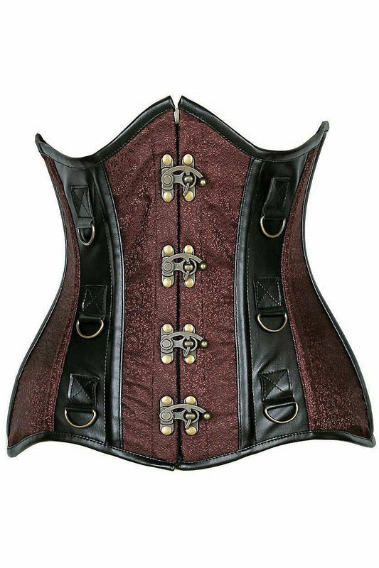 Top Drawer Brown Brocade & Faux Leather Steel Boned Under Bust Corset.