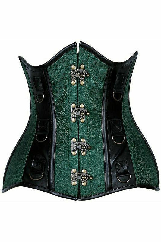 Top Drawer Dark Green Brocade & Faux Leather Steel Boned Under Bust Corset.
