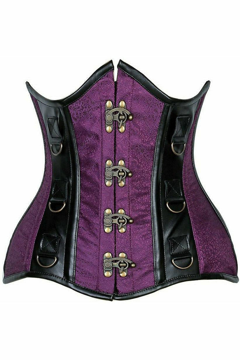Top Drawer Plum Brocade & Faux Leather Steel Boned Under Bust Corset.