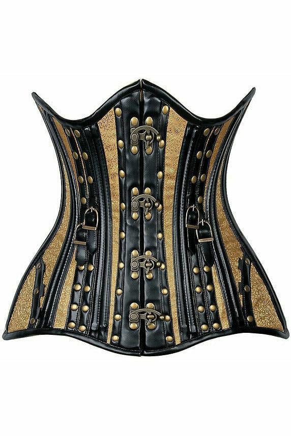 Top Drawer Faux Leather & Gold Brocade Steel Boned Under Bust Corset-Daisy Corsets