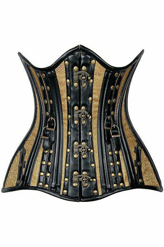 Top Drawer Faux Leather & Gold Brocade Steel Boned Under Bust Corset.