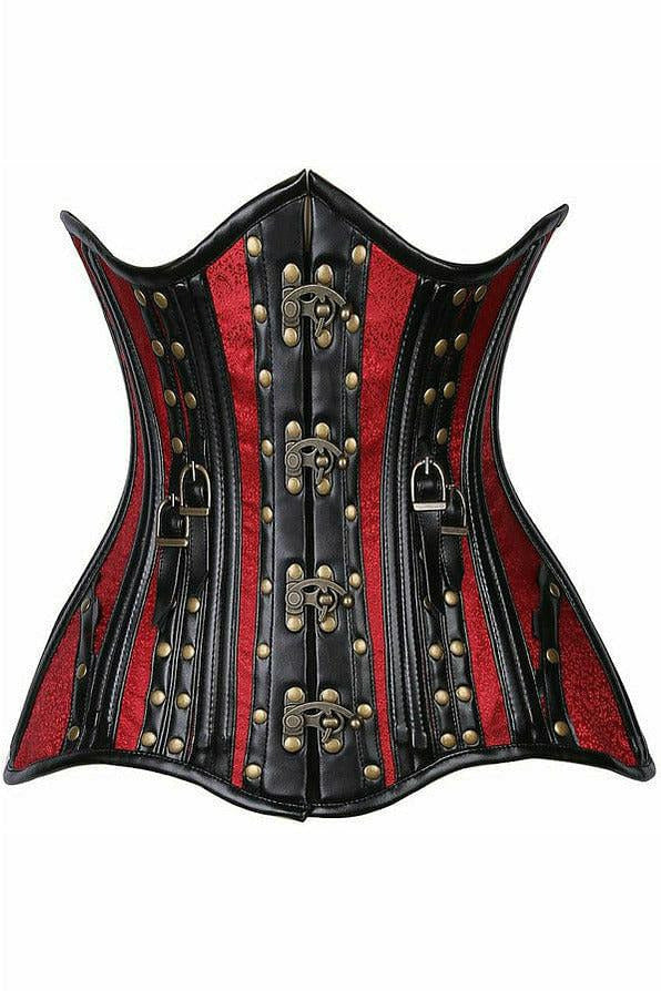 Top Drawer Faux Leather & Wine Brocade Steel Boned Under Bust Corset.