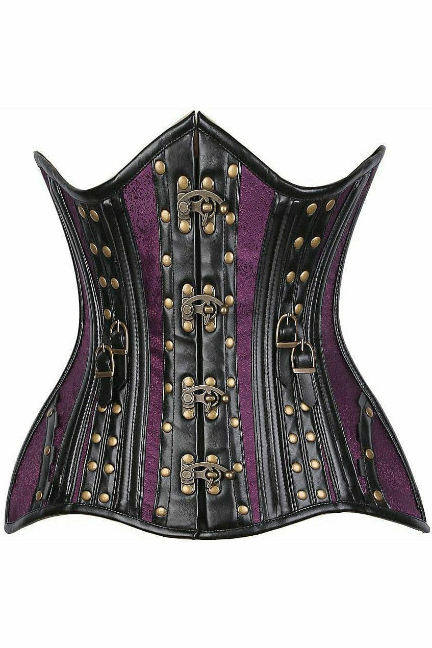 Top Drawer Faux Leather & Plum Brocade Steel Boned Under Bust Corset.
