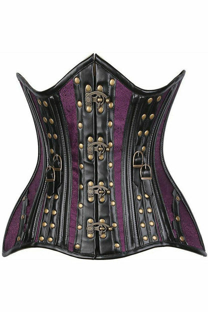 Top Drawer Faux Leather & Plum Brocade Steel Boned Under Bust Corset.
