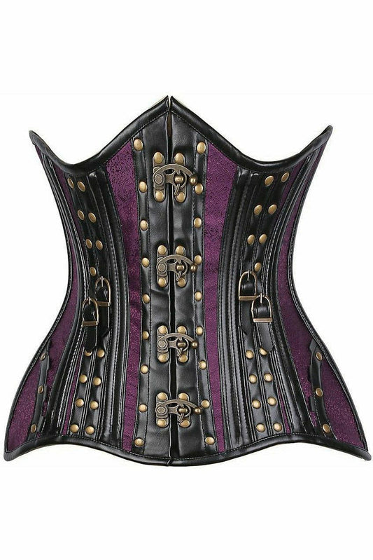 Top Drawer Faux Leather & Plum Brocade Steel Boned Under Bust Corset.