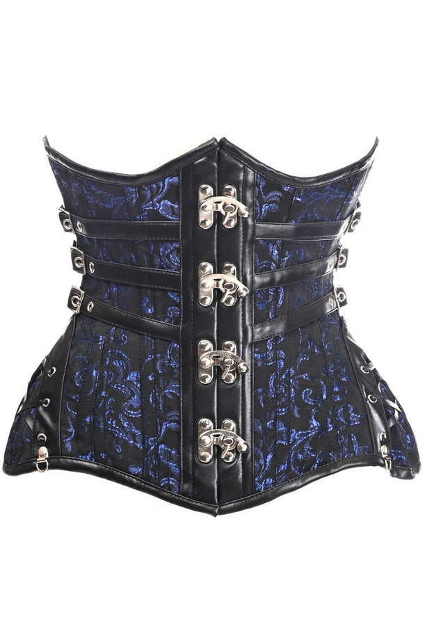 Top Drawer CURVY Steampunk Black/Blue Brocade Steel Double Boned Under Bust Corset.