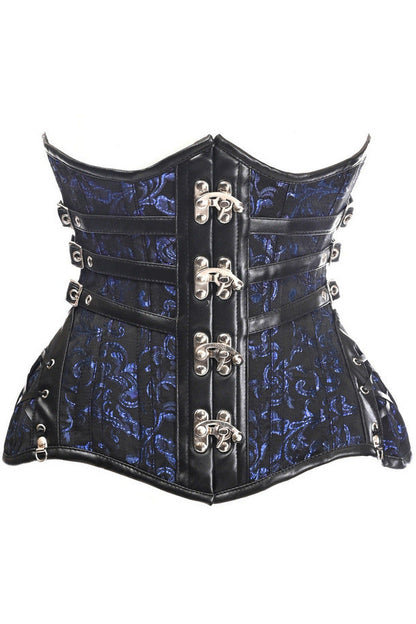 Top Drawer CURVY Steampunk Black/Blue Brocade Steel Double Boned Under Bust Corset.