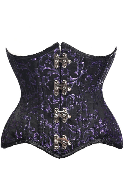 Top Drawer Black/Purple Brocade Double Steel Boned Under Bust Corset.