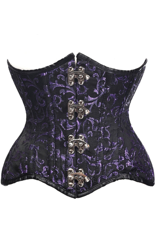 Top Drawer Black/Purple Brocade Double Steel Boned Under Bust Corset.