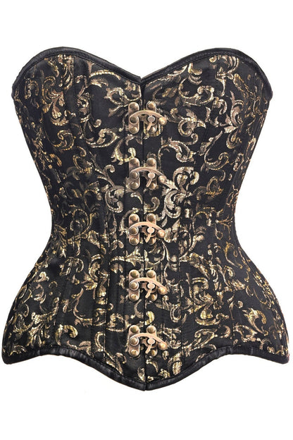 Top Drawer CURVY Black/Gold Brocade Double Steel Boned Overbust Corset.