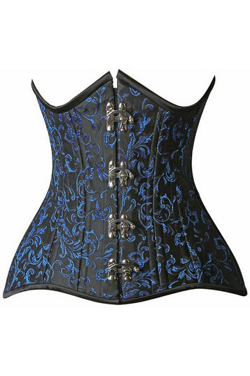 Top Drawer CURVY Blue Brocade Double Steel Boned Under Bust Corset.