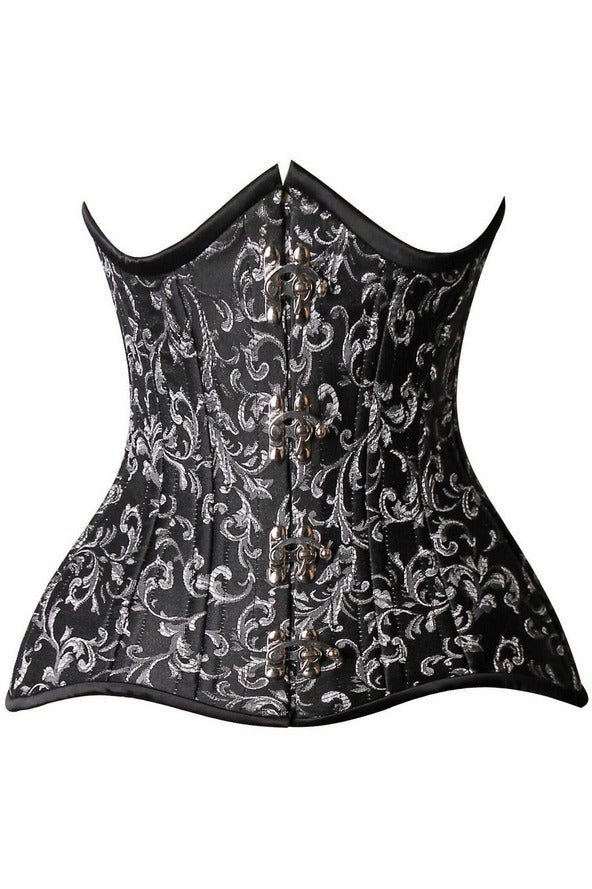 Top Drawer CURVY Black/Silver Brocade Double Steel Boned Under Bust Corset.