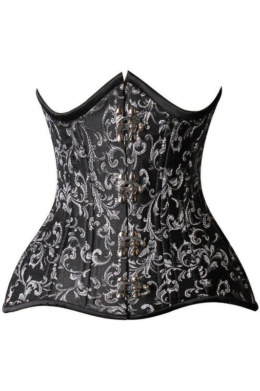 Top Drawer CURVY Black/Silver Brocade Double Steel Boned Under Bust Corset.