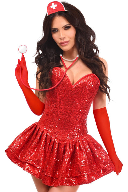 Top Drawer 4 PC Fantasy Nurse Corset Dress Sequin Costume.