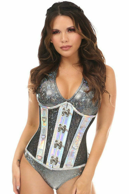 Top Drawer Silver Holo & Black Fishnet Steel Boned Under Bust Corset.