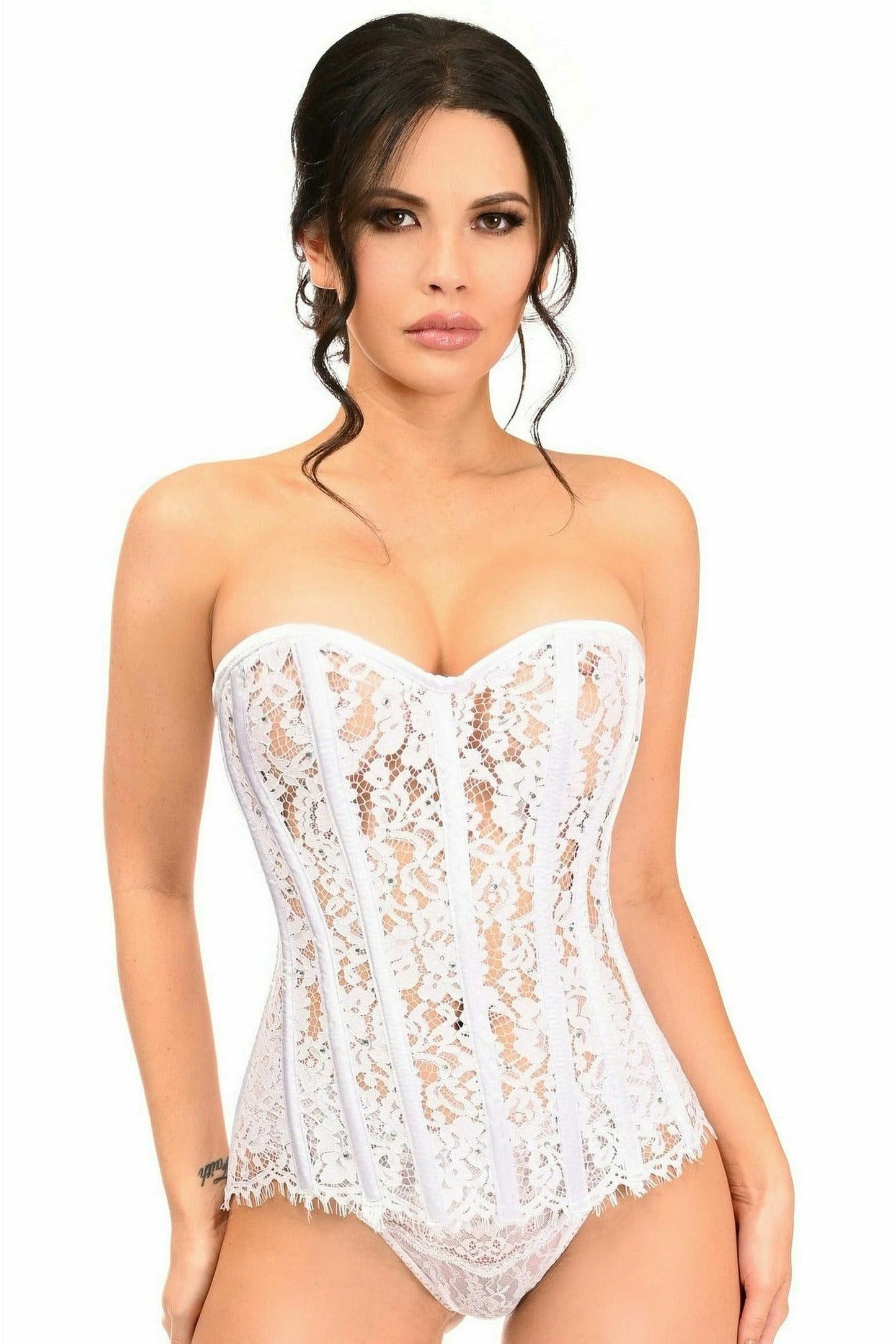 Top Drawer White Lace Steel Boned Corset w/Rhinestones.