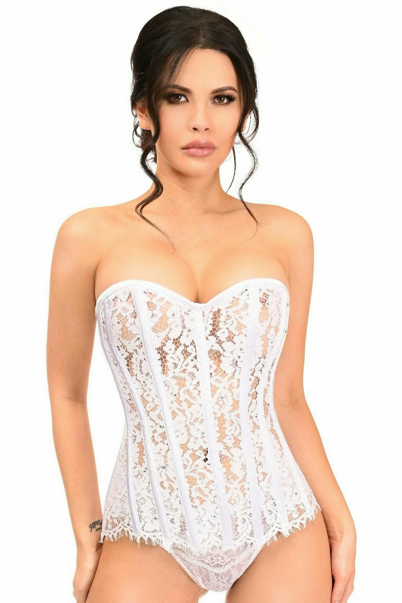 Top Drawer White Lace Steel Boned Corset w/Rhinestones.