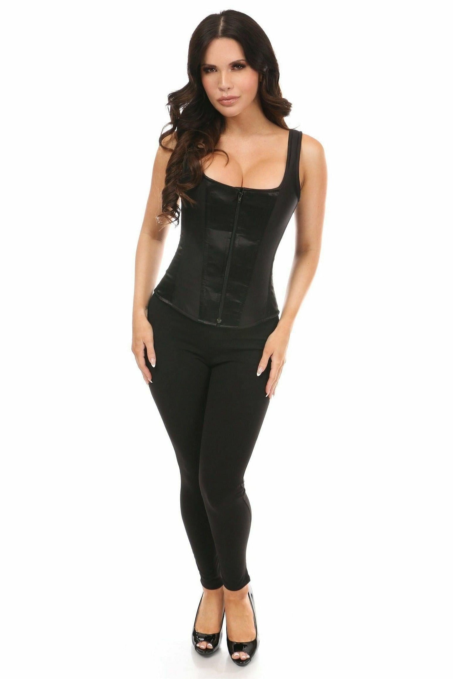 Top Drawer Black Satin Steel Boned Corset w/Straps.
