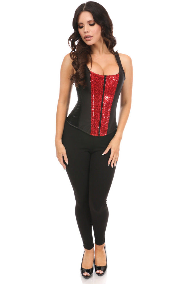 Top Drawer Black Satin & Red Sequin Steel Boned Corset w/Straps.