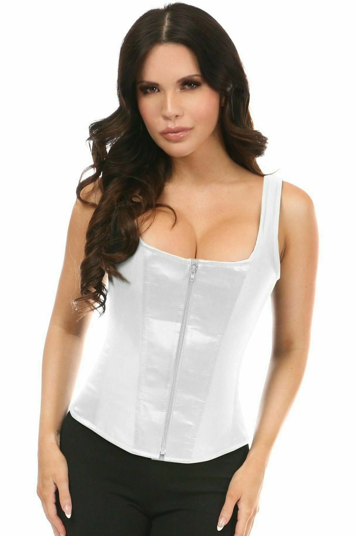 Top Drawer White Satin Steel Boned Corset w/Straps.