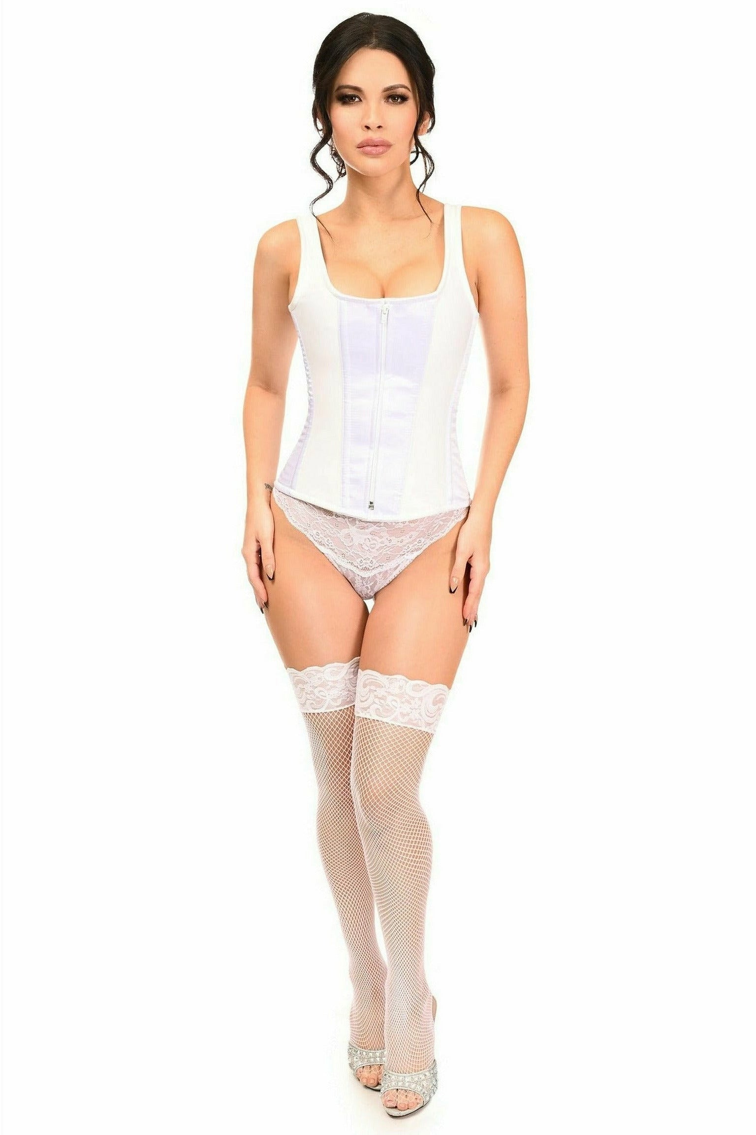 Top Drawer White Satin Steel Boned Corset w/Straps.