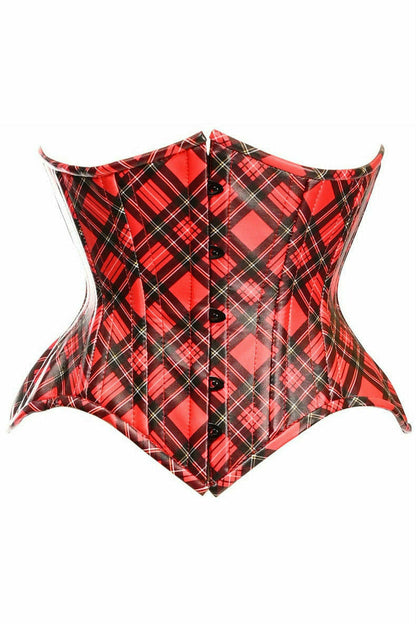 Top Drawer Red Plaid Faux Leather Double Steel Boned Curvy Cut Waist Cincher Corset.